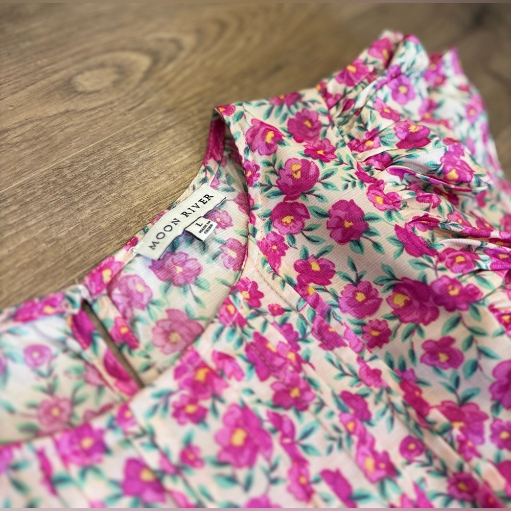 Moon River Ruffle Floral Midi Dress – Pink (Size Large) - Picture 7 of 8